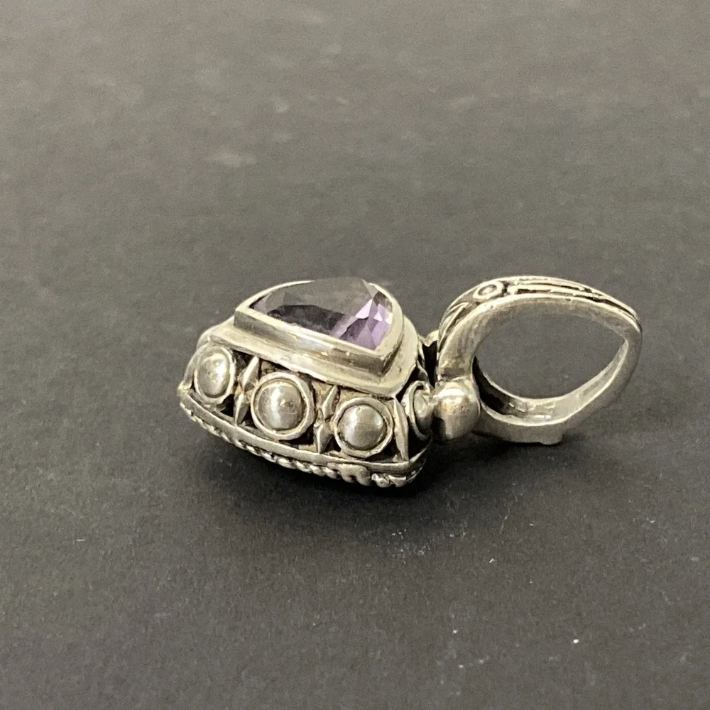 Vintage Sterling Silver & Faceted Amethyst Gemstone Pendant Necklace Bali Style